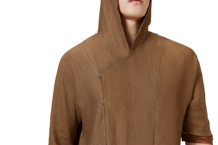Traditional Chinese Half Sleeve Shirt – Brown Relaxed Fit with Hood & Accent Buttons - Image 4