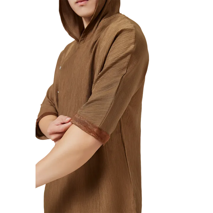 Traditional Chinese Half Sleeve Shirt – Brown Relaxed Fit with Hood & Accent Buttons - Image 5