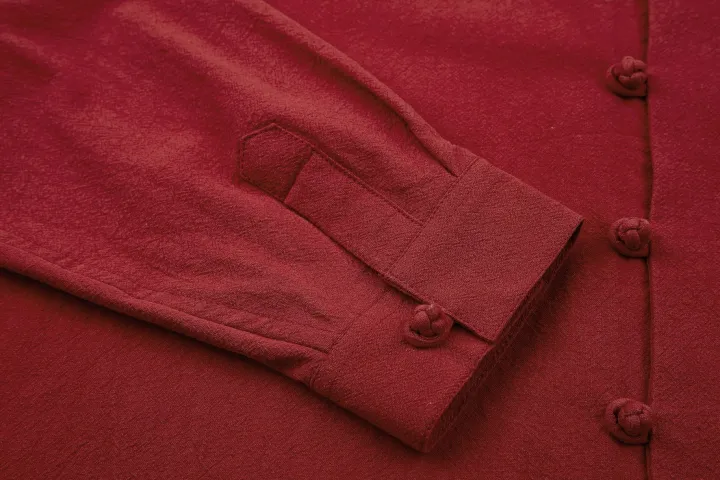 Traditional Chinese Long-Sleeve Shirt – Deep Red Linen with Chest Pocket & Knotted Closures - Image 2