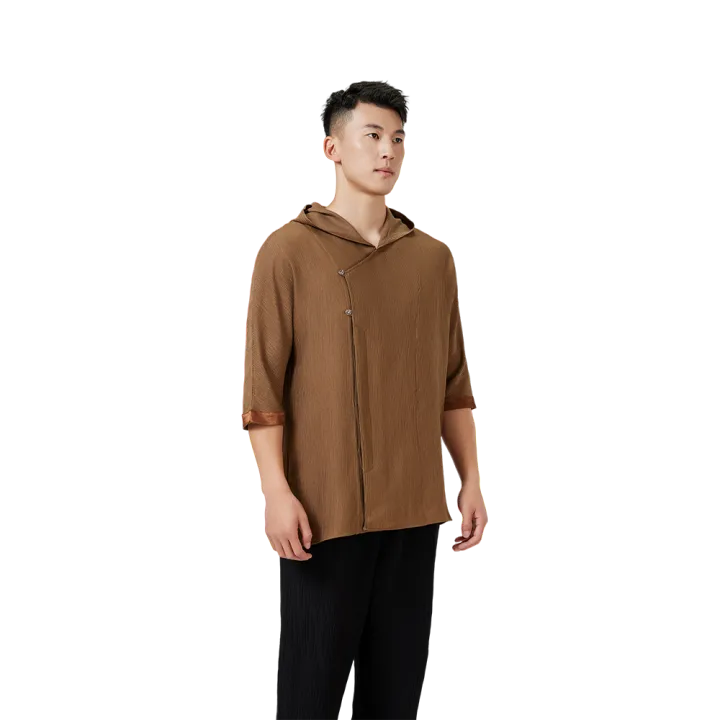 Traditional Chinese Half Sleeve Shirt – Brown Relaxed Fit with Hood & Accent Buttons - Image 3