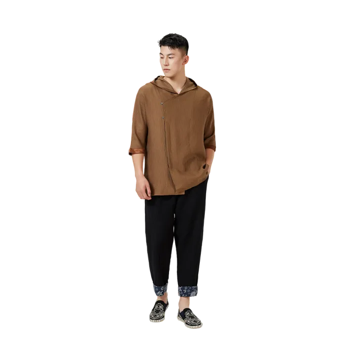 Traditional Chinese Half Sleeve Shirt – Brown Relaxed Fit with Hood & Accent Buttons - Image 6