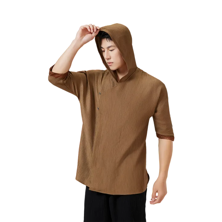 Traditional Chinese Half Sleeve Shirt – Brown Relaxed Fit with Hood & Accent Buttons - Image 8