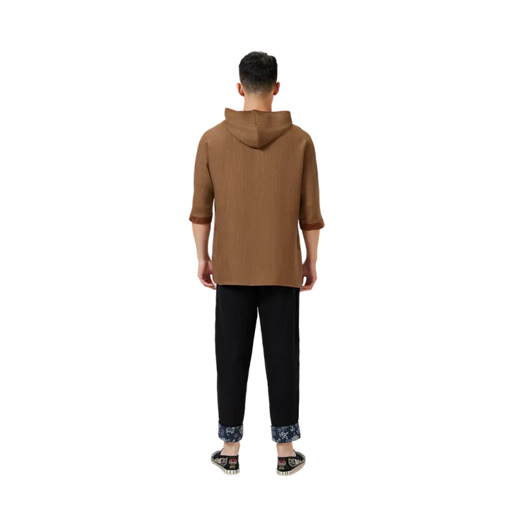 Traditional Chinese Half Sleeve Shirt – Brown Relaxed Fit with Hood & Accent Buttons - Image 7