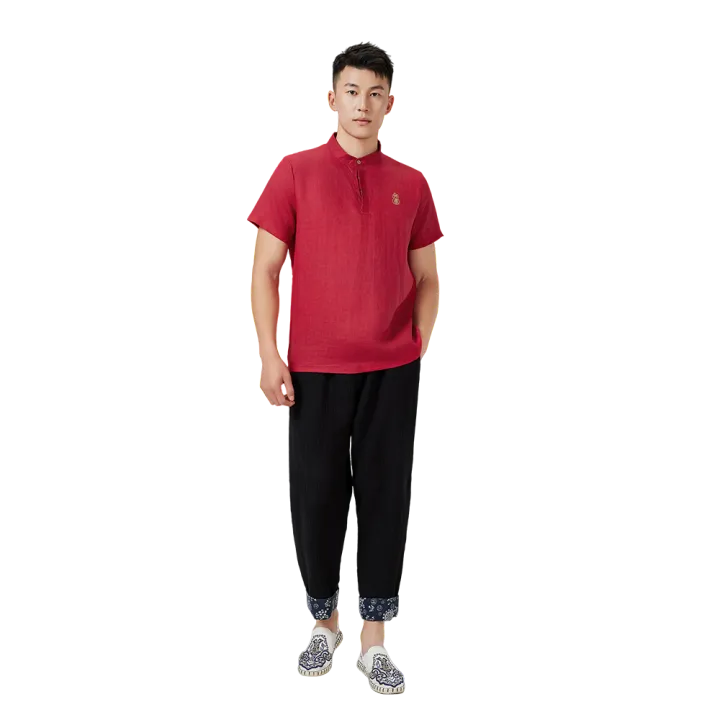 Traditional Chinese Short-Sleeve Shirt – Red Linen with Gold Embroidery - Image 3