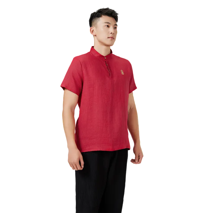 Traditional Chinese Short-Sleeve Shirt – Red Linen with Gold Embroidery - Image 4