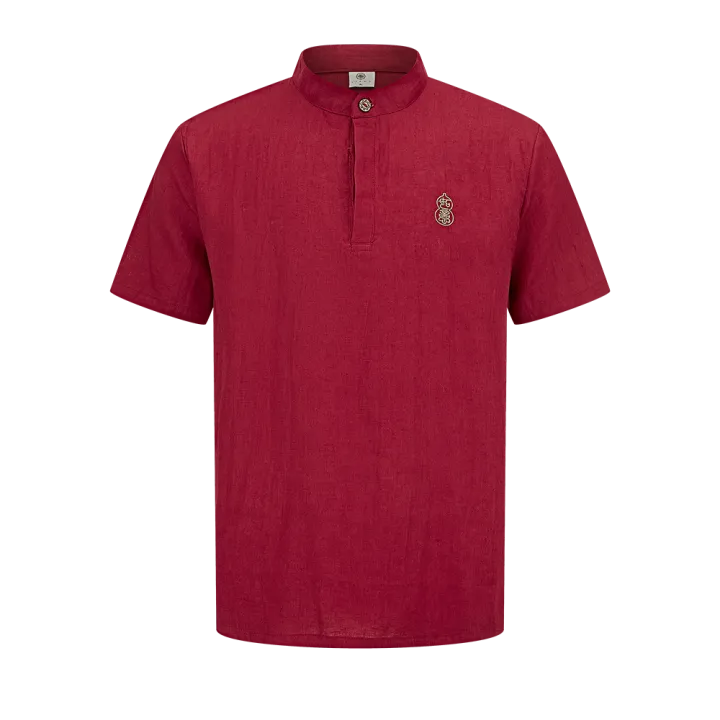 Traditional Chinese Short-Sleeve Shirt – Red Linen with Gold Embroidery - Image 5