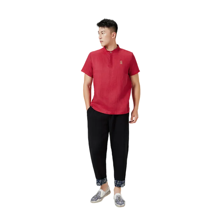 Traditional Chinese Short-Sleeve Shirt – Red Linen with Gold Embroidery - Image 2