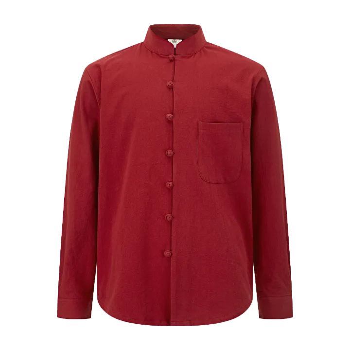 Traditional Chinese Long-Sleeve Shirt – Deep Red Linen with Chest Pocket & Knotted Closures - Image 5