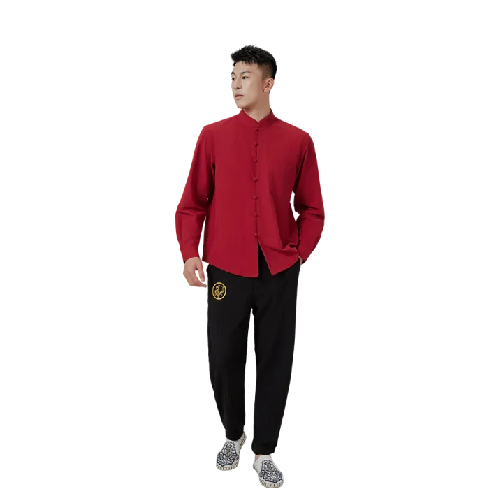 Traditional Chinese Long-Sleeve Shirt – Deep Red Linen with Chest Pocket & Knotted Closures - Image 6