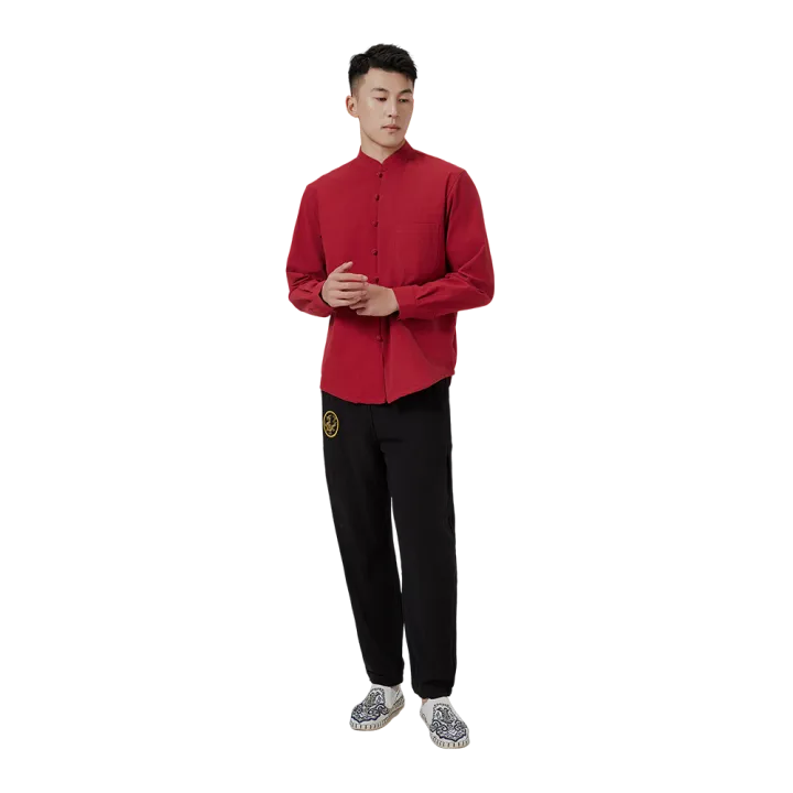 Traditional Chinese Long-Sleeve Shirt – Deep Red Linen with Chest Pocket & Knotted Closures - Image 7